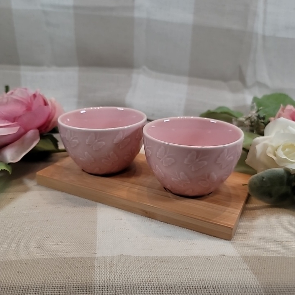 Willow Set of 2 Ceramic Pink Butterfly Desert Soup Dish Bowls Bamboo Tray 3.25"
